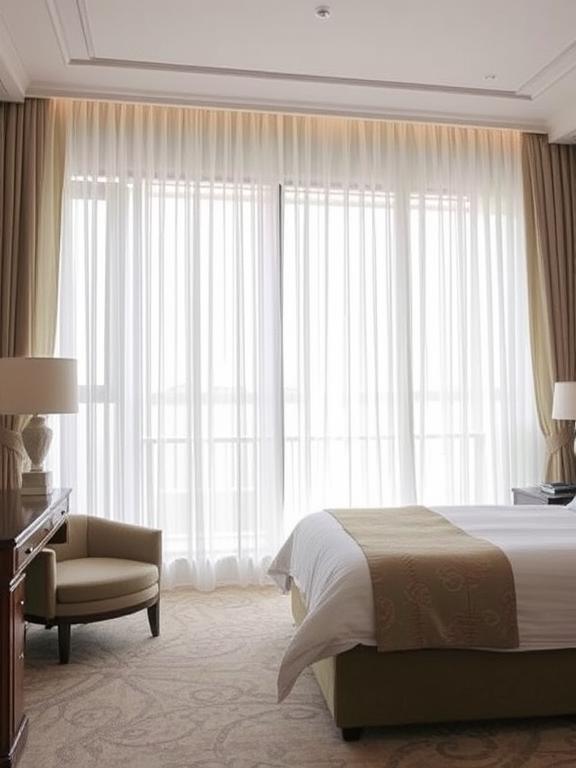 Sheers are widely used in hotel rooms and resort suites to provide elegance, lightness, and a luxurious, welcoming feel for guests.
