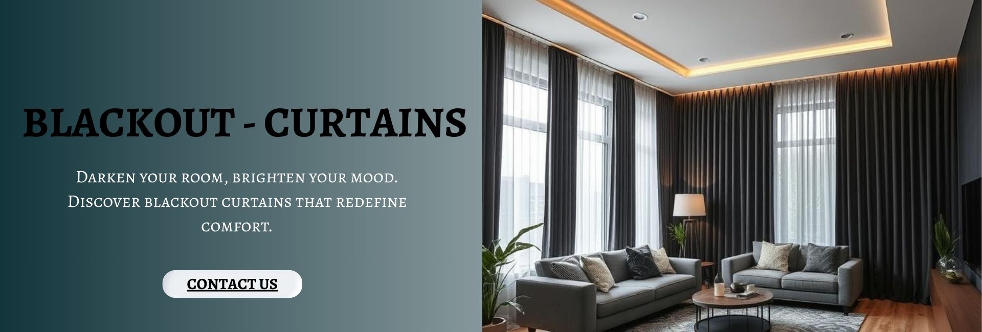 "Modern living room with floor-to-ceiling blackout curtains and contemporary furniture, providing a cozy and private ambiance."