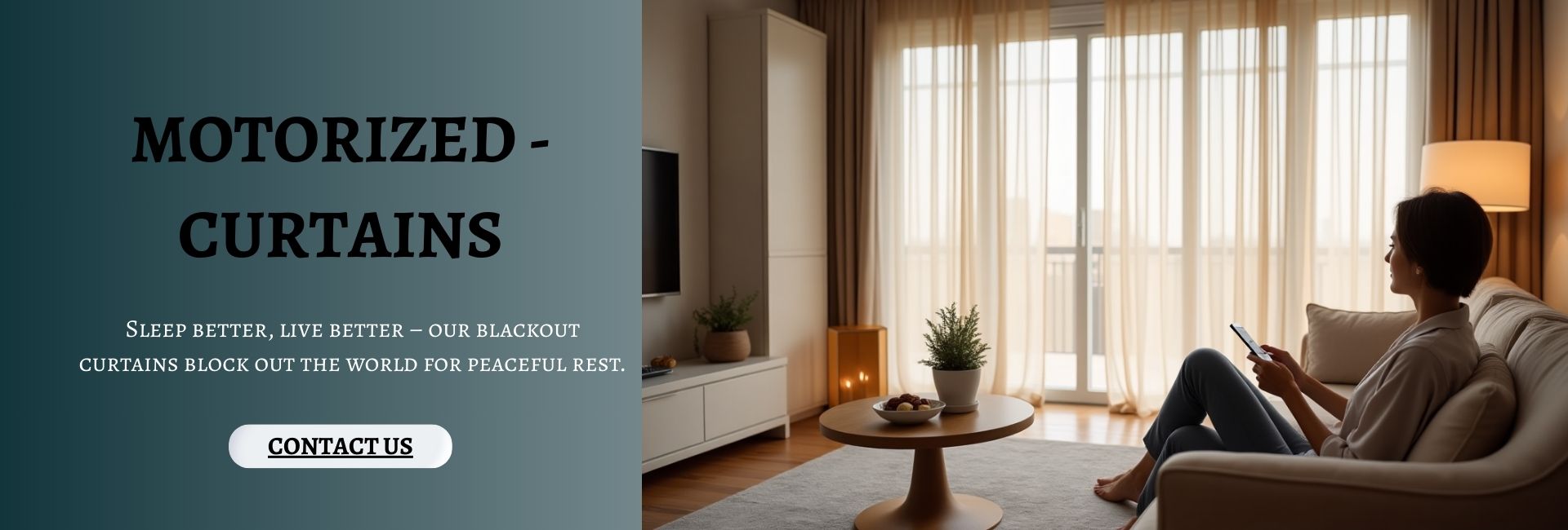 Woman operating motorized curtains using remote in a modern luxury living room with sheer drapes and cozy lighting.