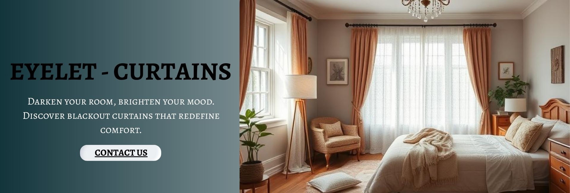 Elegant bedroom with peach eyelet curtains and cozy furniture in Qatar home