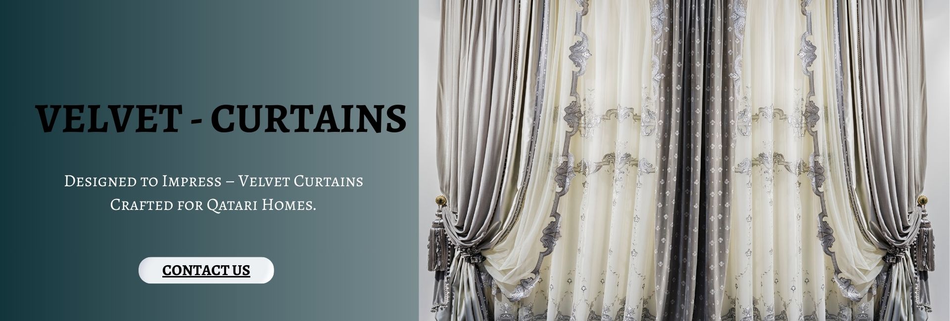Luxurious grey velvet curtains with sheer embroidered white panels, styled for elegant Qatari interiors.