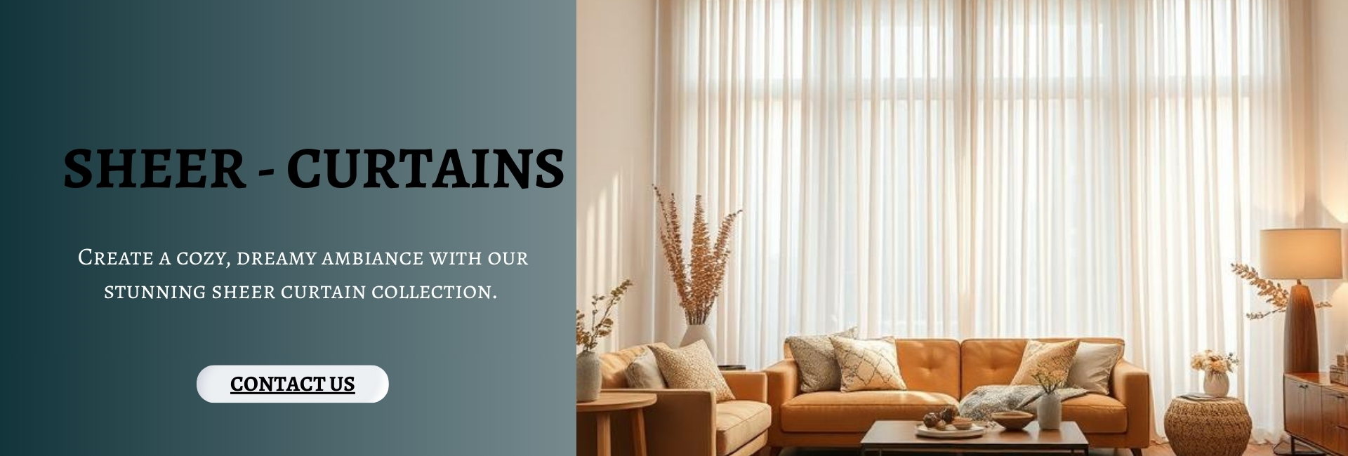 Elegant living room with floor-to-ceiling sheer curtains and cozy beige furniture.