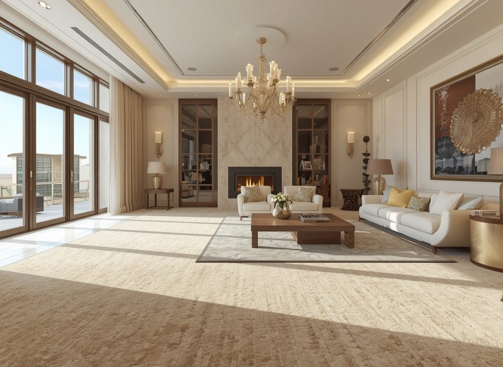 Luxury wall-to-wall carpet in a modern villa living room in Qatar featuring premium flooring, elegant furniture, and sophisticated interior design.